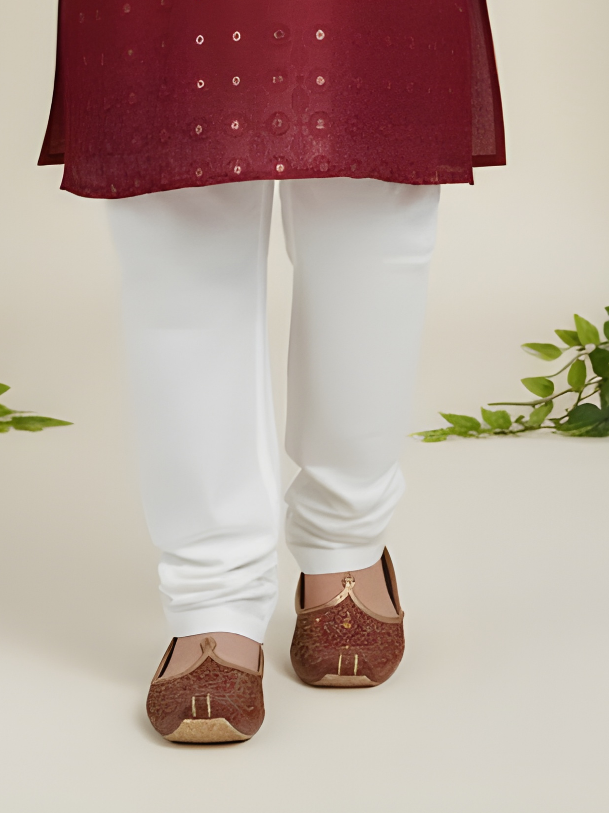 Boys' Maroon Sequin Embroidered Kurta with White Pyjama Set.