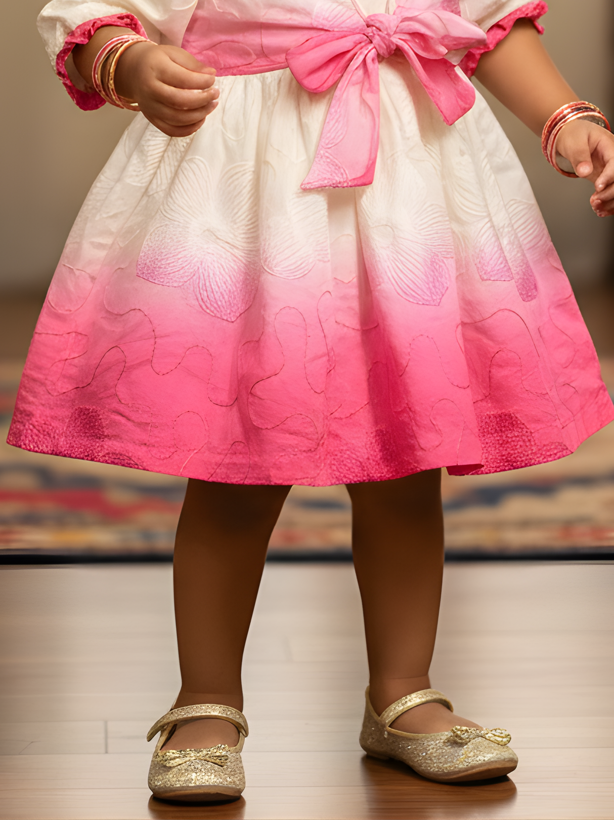 Girls' Cream and Pink Ombre Embroidered Frock with Bow Accent