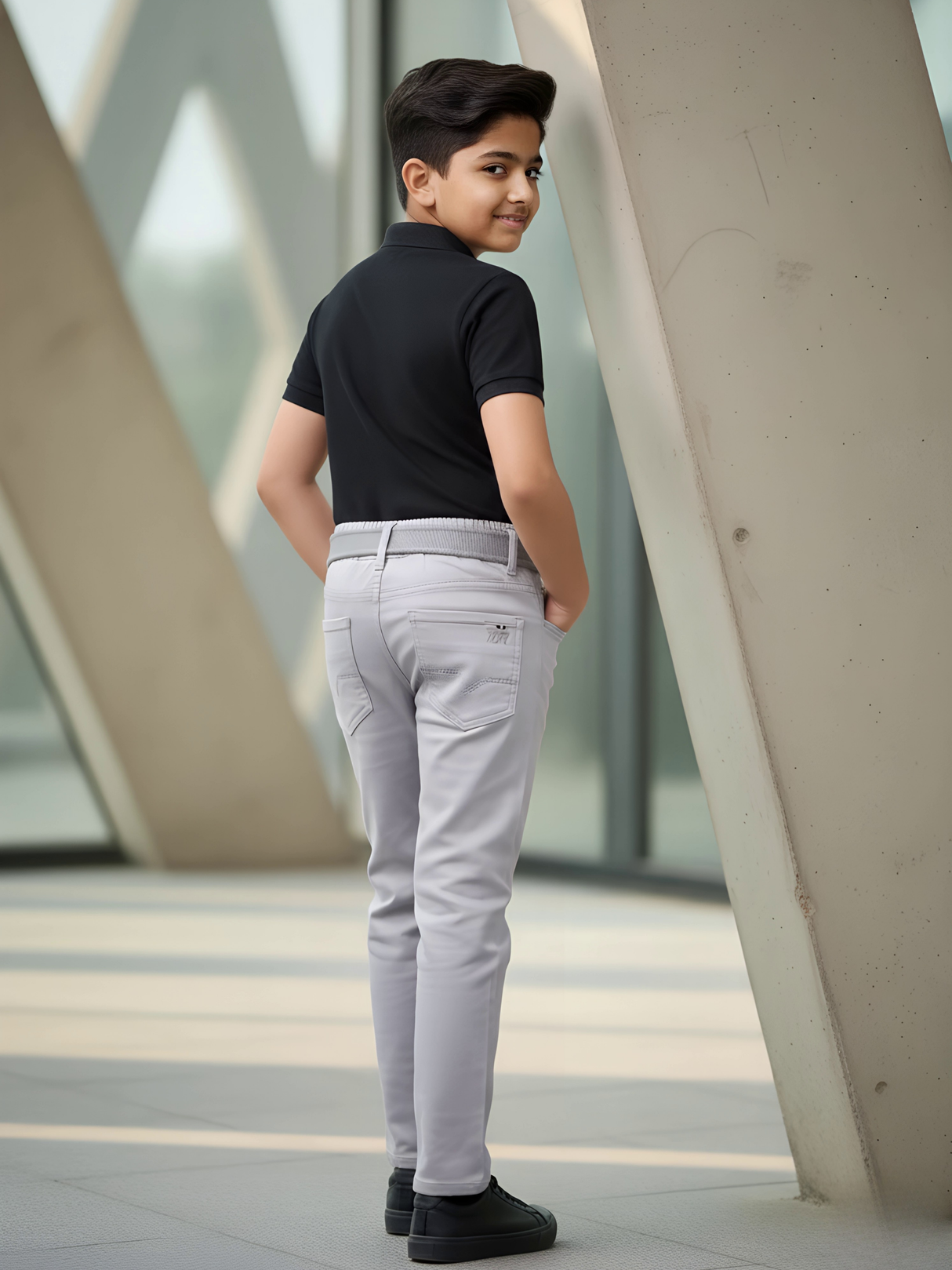 Boys' Light Grey Wash Denim Jeans with Black Contrast Belt.