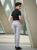 Boys' Light Grey Wash Denim Jeans with Black Contrast Belt.