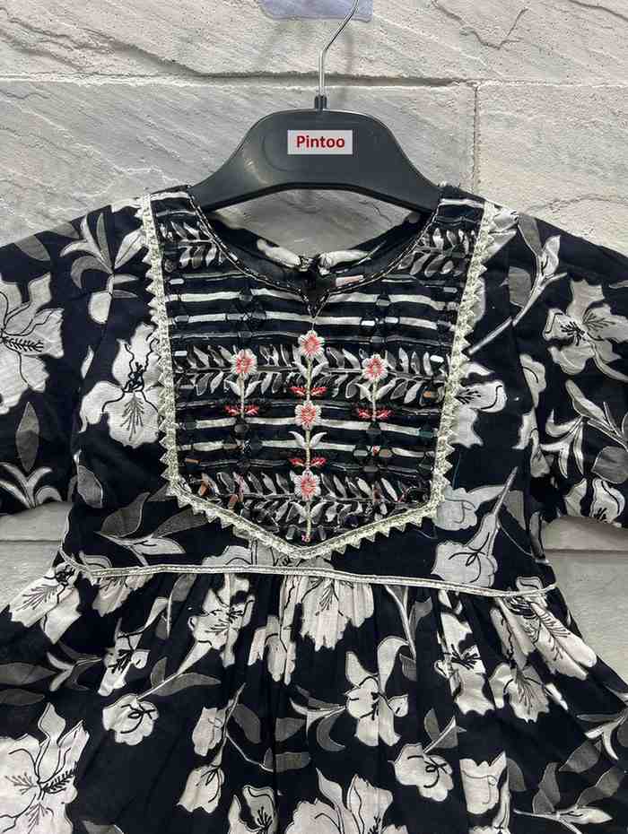 Girls' Black Floral Ethnic Set with Embroidered Top & Sharara Pants