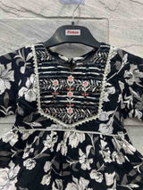 Girls' Black Floral Ethnic Set with Embroidered Top & Sharara Pants