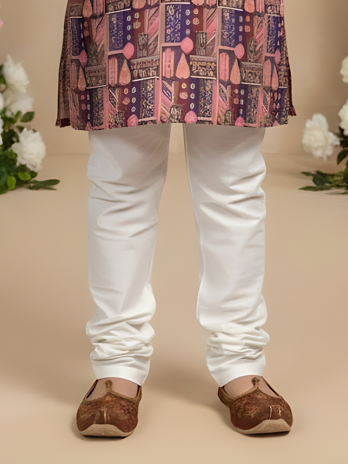 Boys' Mauve & Blue Figurative Print Kurta with Cream Pyjama Set.