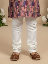Boys' Mauve & Blue Figurative Print Kurta with Cream Pyjama Set.