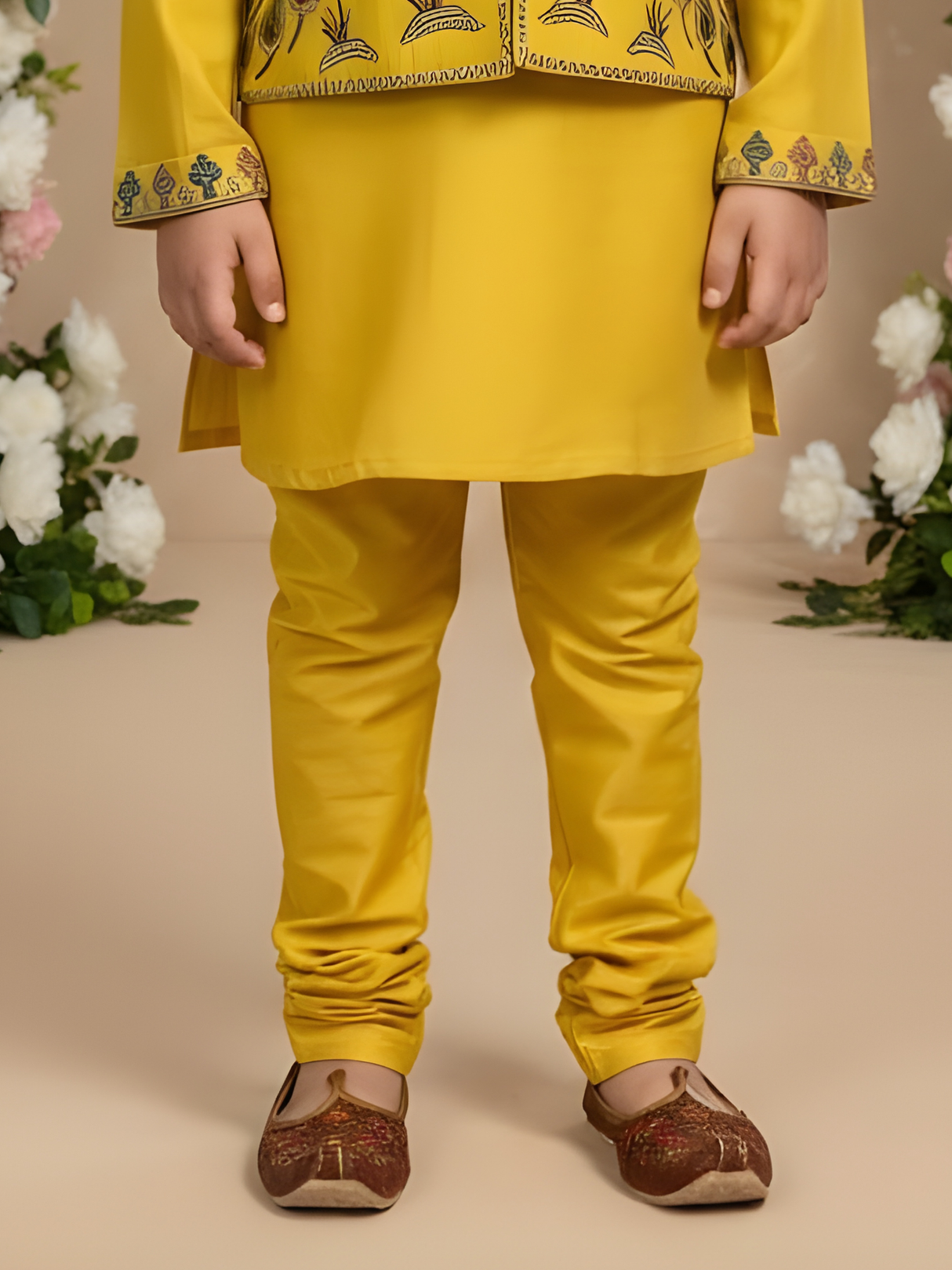 Kids Yellow Kurta Set with Embroidered Peacock Jacket – Festive Ethnic Wear