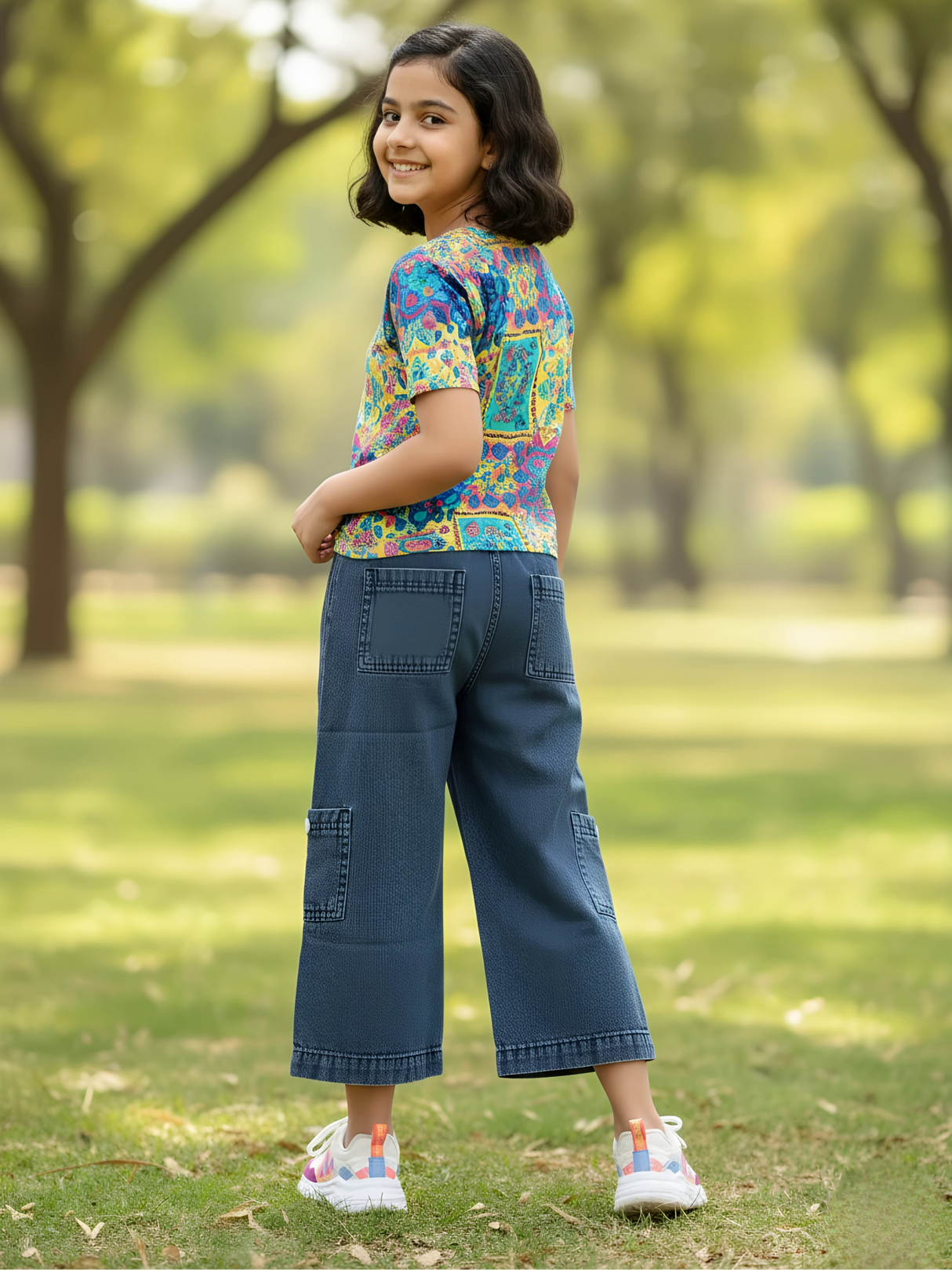 Girls' Dark Grey Wide-Leg Cargo Jeans with Drawstring Waist