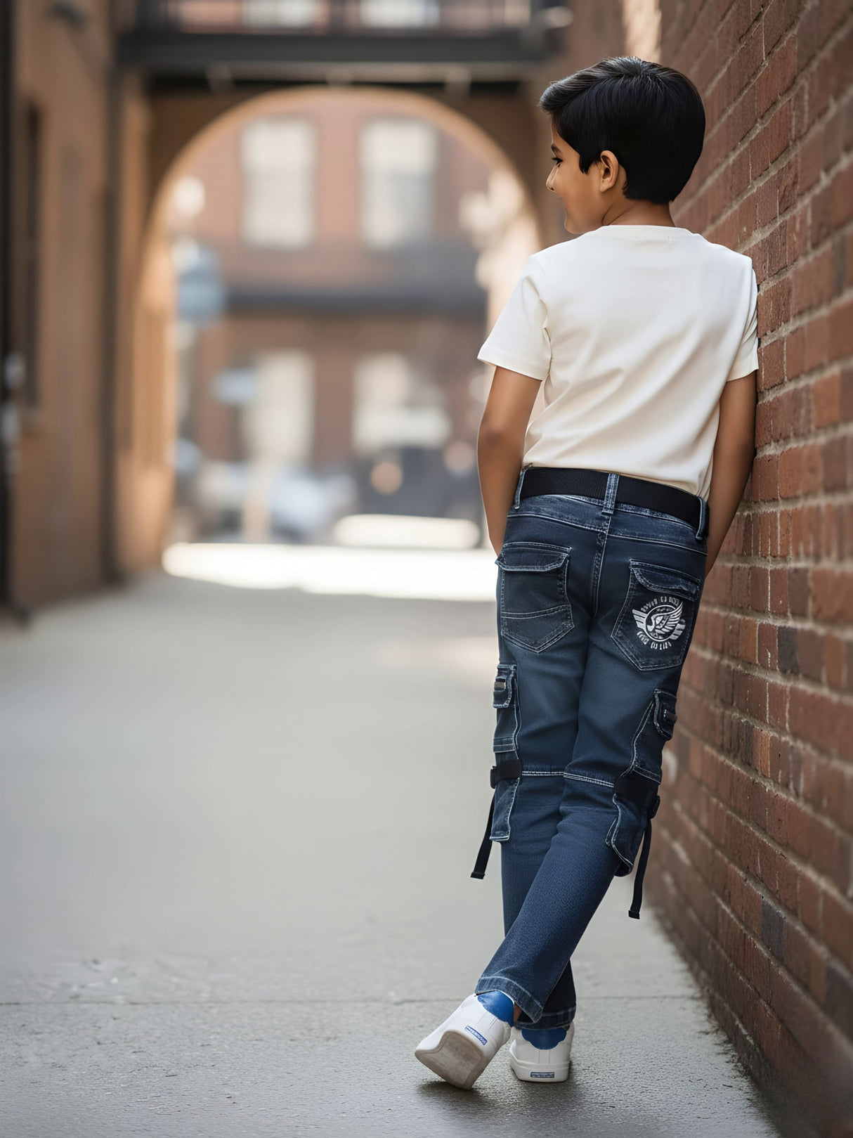 Boys Rugged Grey Cargo Jeans with Black Belt