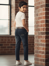 Boys' Graphic Print Dark Grey Stretchable Jeans