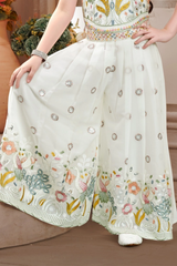 Girls Cream Embroidered Peacock Palazzo Set