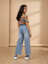 Girls Light Blue High-Waisted Wide Leg Denim Jeans.