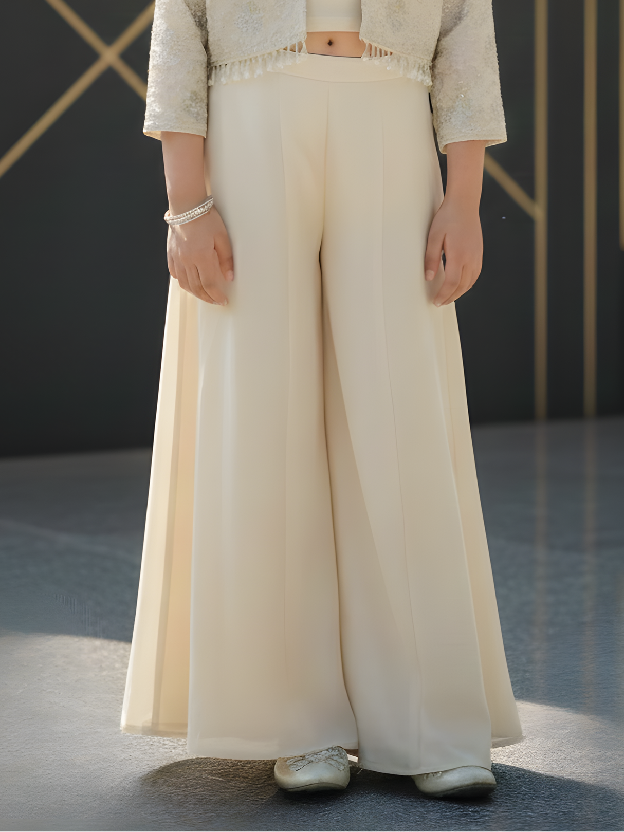 Girls Cream Pearl-Accent Embroidered Jacket and Palazzo Set