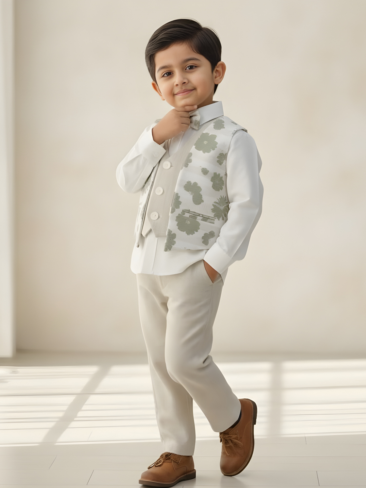 Boys' Cream Floral Waistcoat Set with Bow Tie - 4-Piece Formal Suit