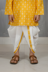 Boys' Yellow Printed Kurta with White Dhoti Set