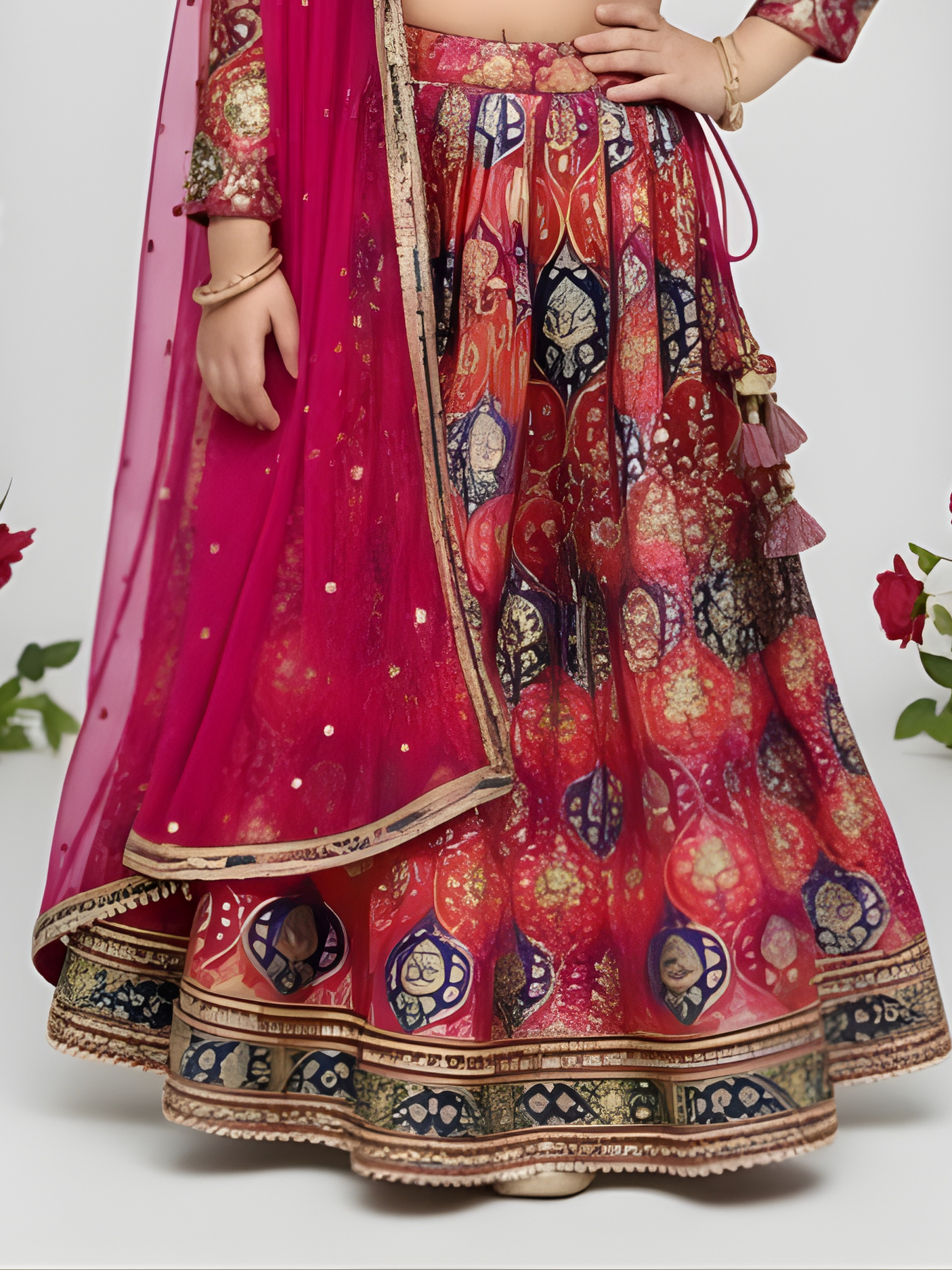 Girls' Red Brocade Embroidered Crop Top (Choli) and Lehenga Set with Dupatta