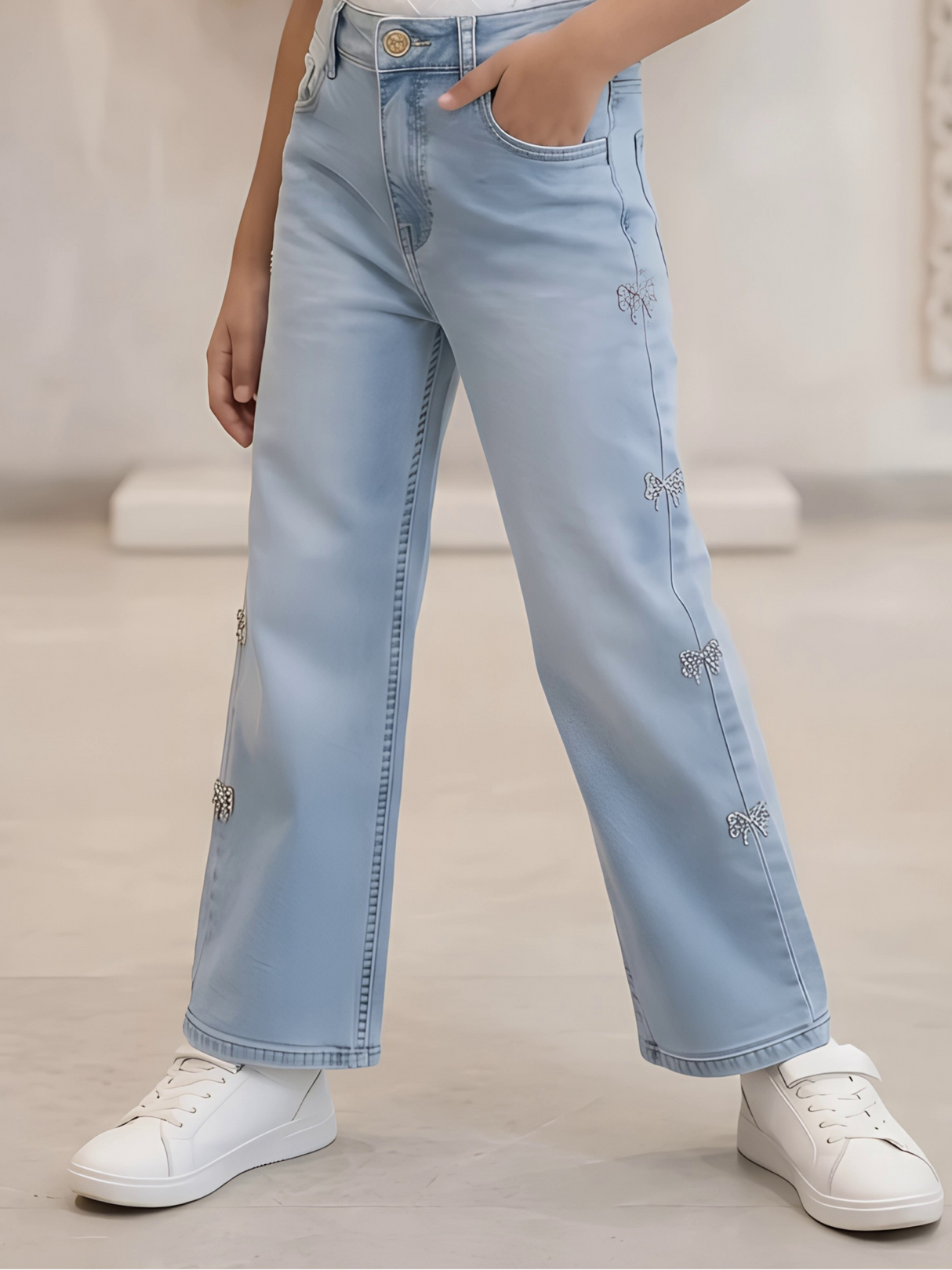 Girls Light Blue High-Rise Straight Fit Jeans with Bow Embroidery