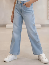 Girls Light Blue High-Rise Straight Fit Jeans with Bow Embroidery