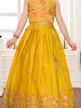 Girls' Vibrant Mustard Yellow Embroidered Lehenga Choli Set.