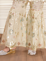 Girls' Festive Cream Sequin Embroidered Peplum Top & Flared Sharara Set