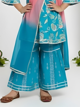 Girls' Turquoise Floral Print Kurta & Gharara Set with Pink Dupatta.