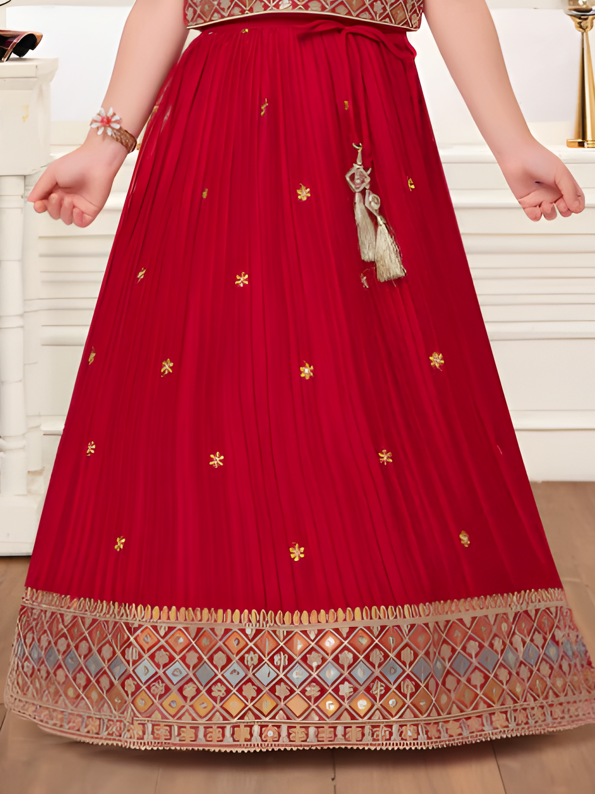 Girls' Bright Maroon Bandhani Print Lehenga Choli Set