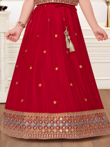Girls' Bright Maroon Bandhani Print Lehenga Choli Set