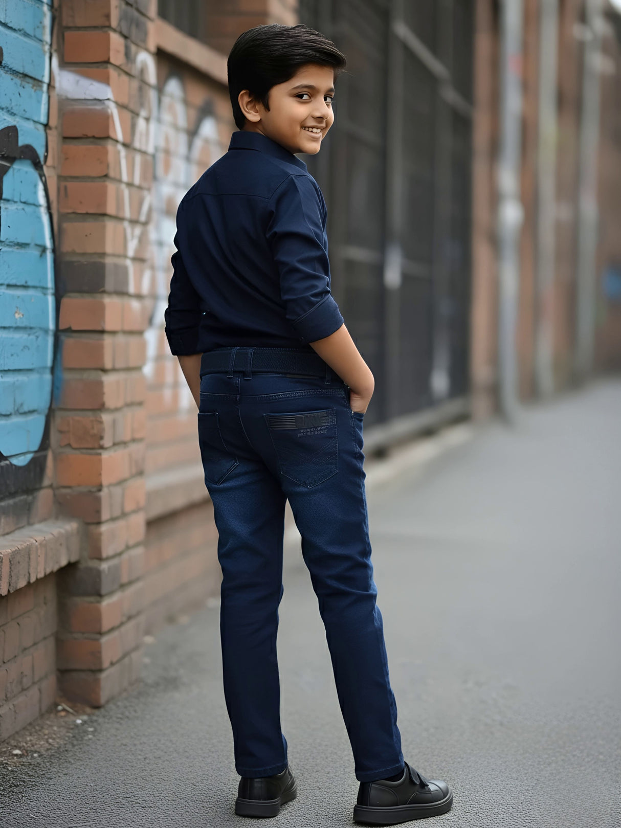 Boys' Premium Navy Blue Slim Fit Jeans with Belt