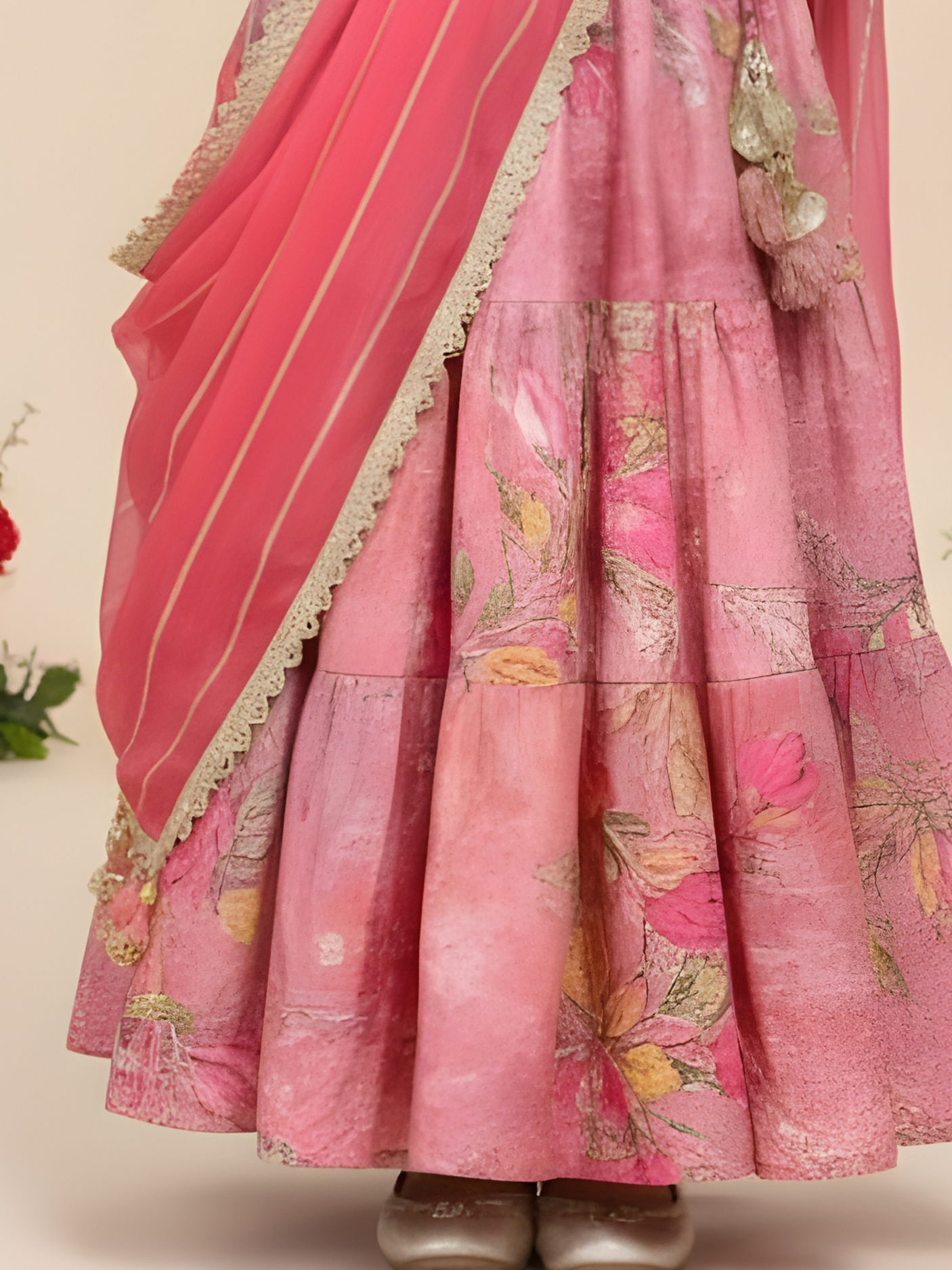 Girls' Peach and Rani Pink Tiered Lehenga Choli with Ruffle Sleeve