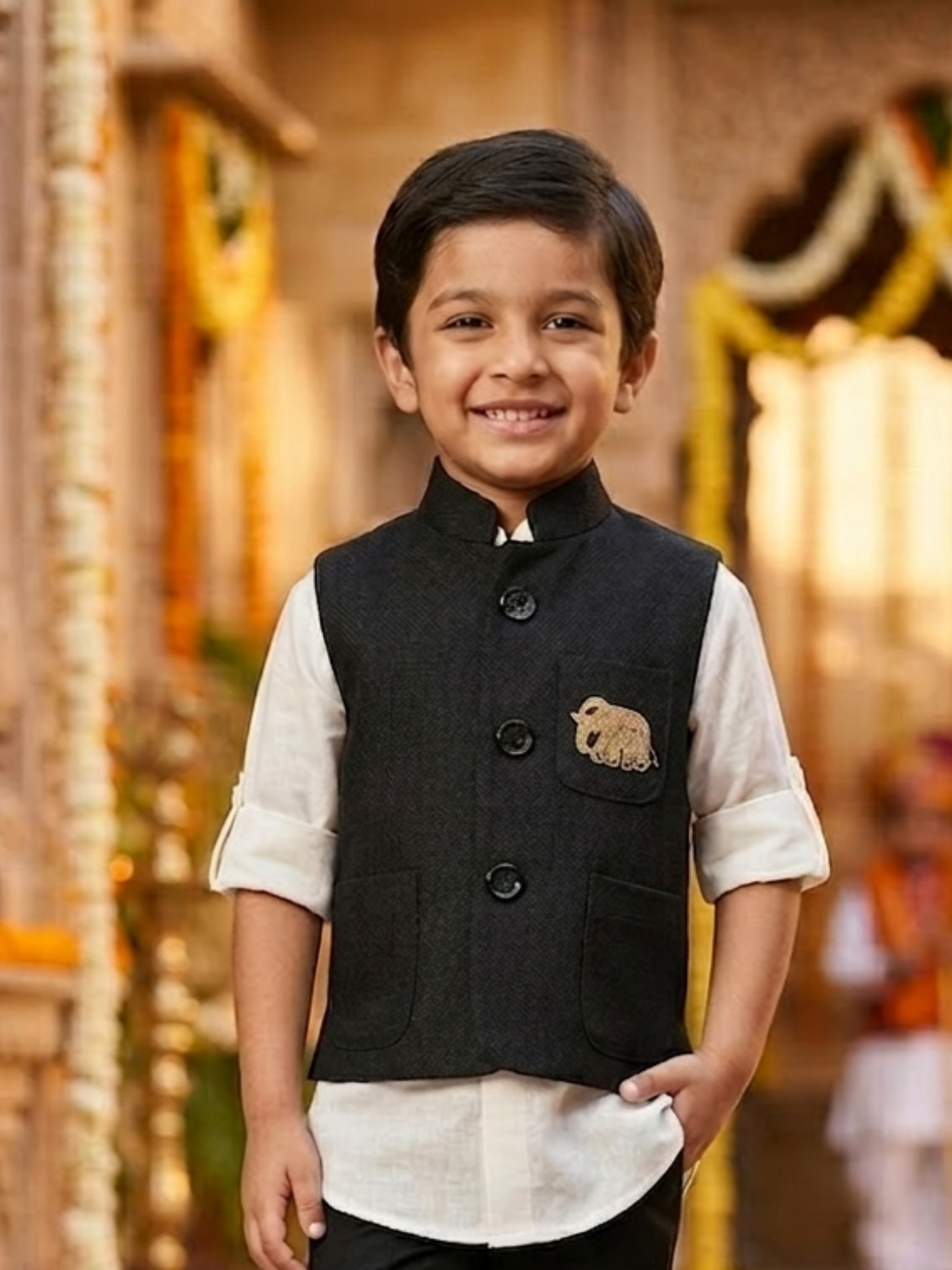 Boys Black Ethnic Waistcoat & White Shirt Set
