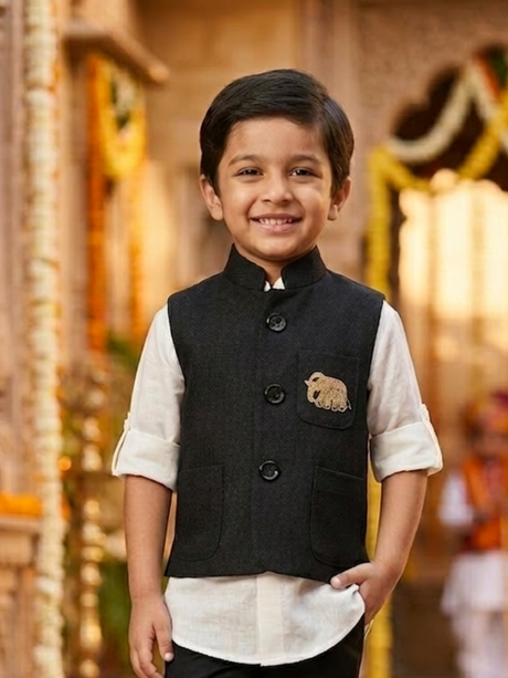 Boys Black Ethnic Waistcoat & White Shirt Set