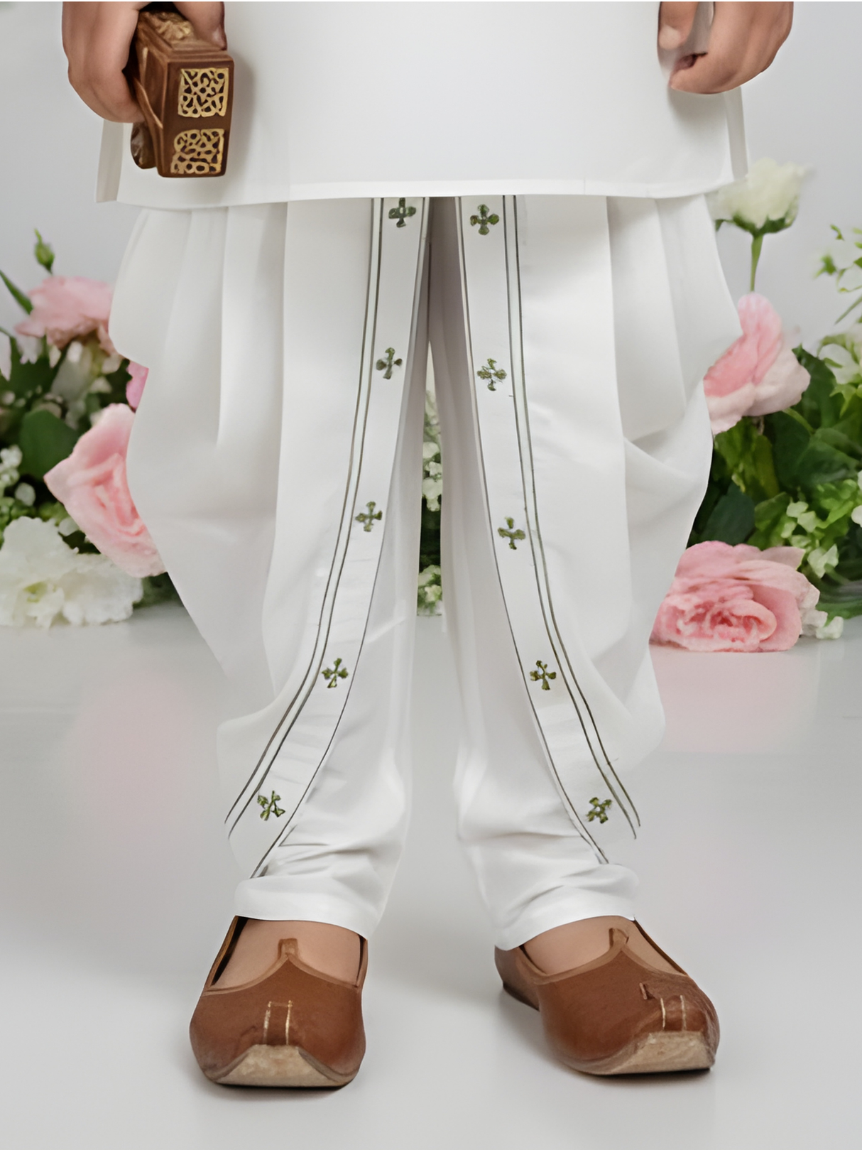 Boys' Crisp White Angrakha Kurta and Dhoti Set with Green Print
