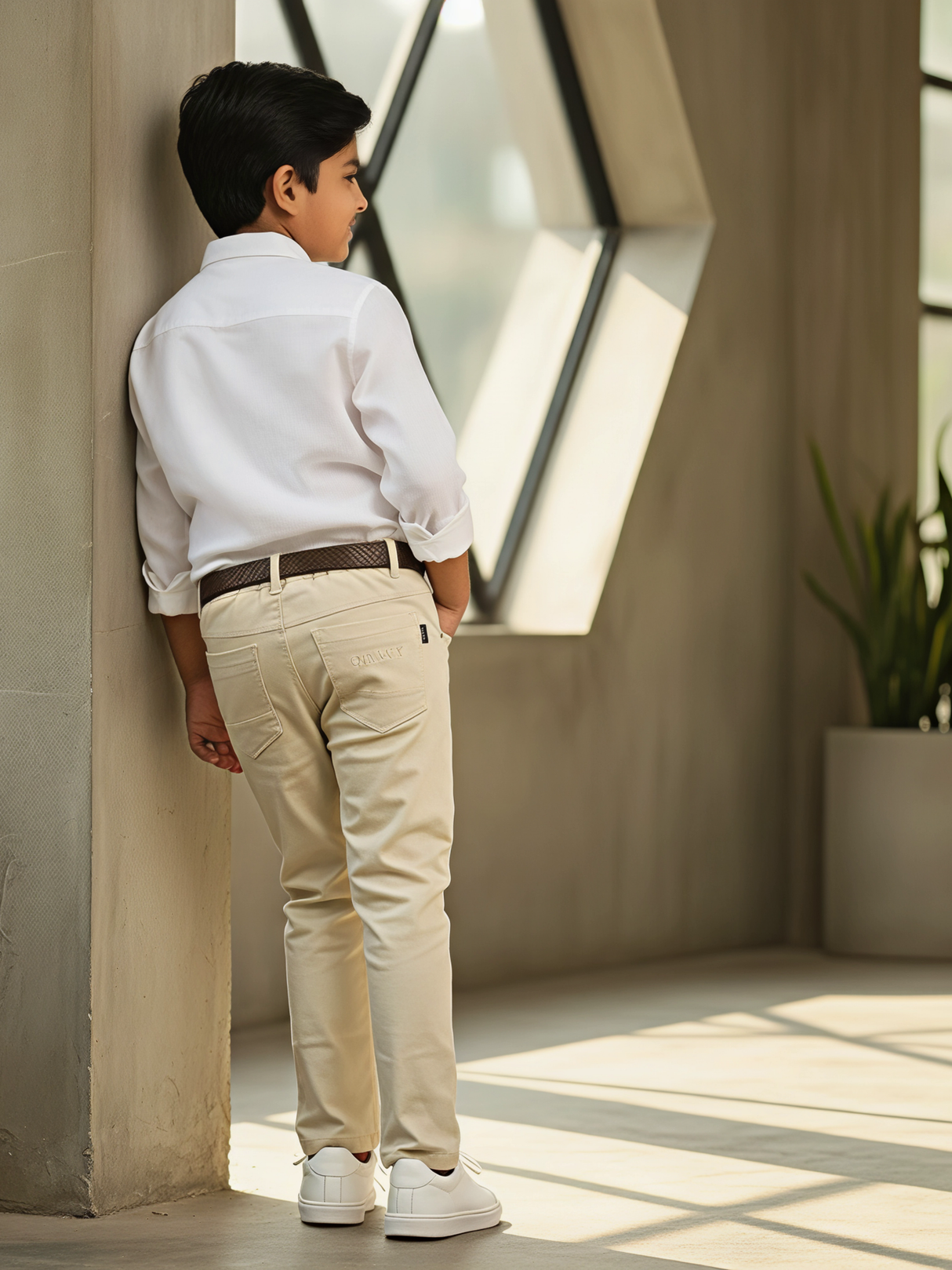 Boys Premium Cream Chino Trousers with Brown Braided Belt
