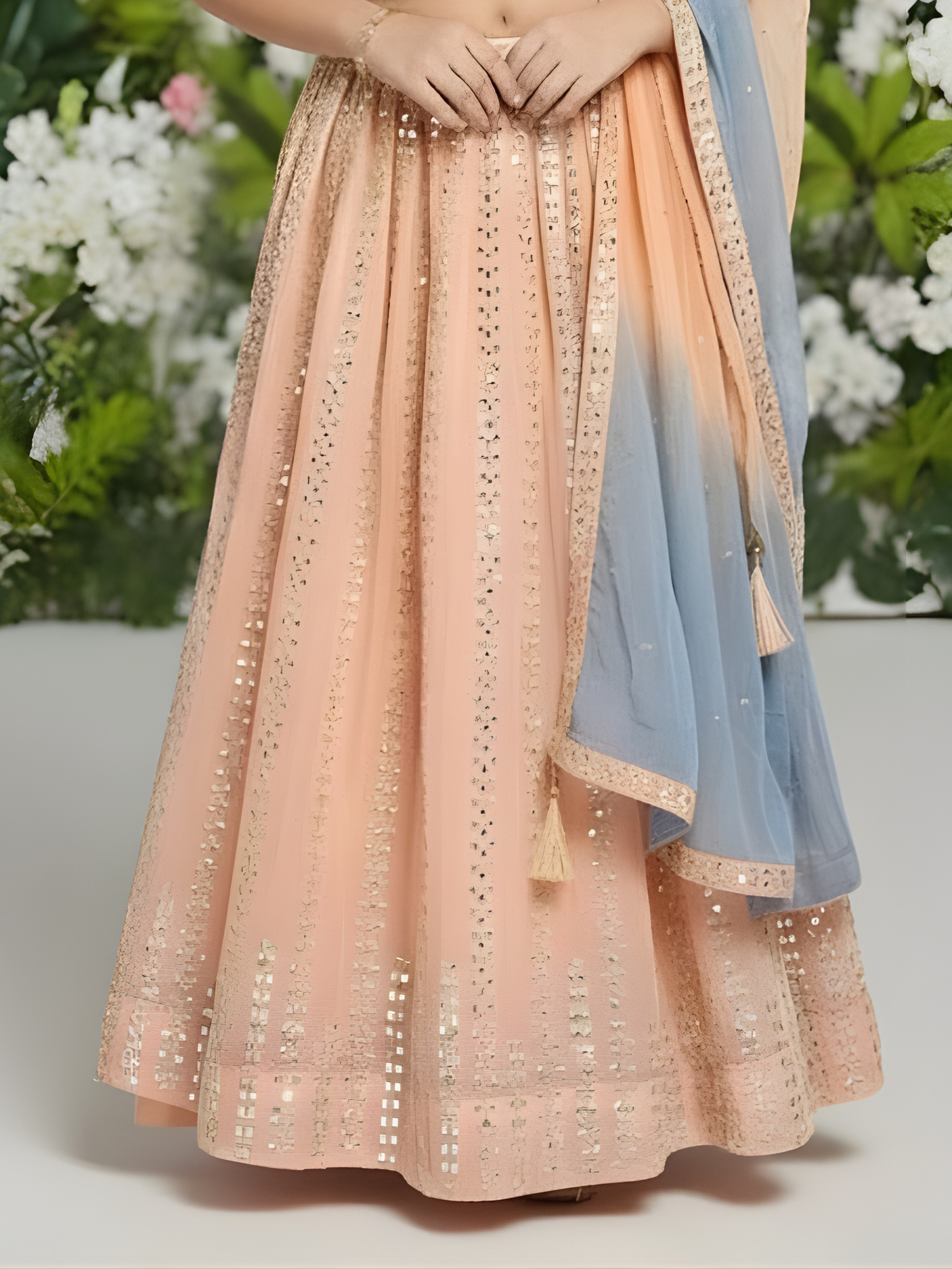 Girls' Peach and Dusty Blue Mirror Work Lehenga Choli Set with Ombre Dupatta