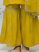 Girls' Festive Yellow Printed Kurta, Sharara and Dupatta Set