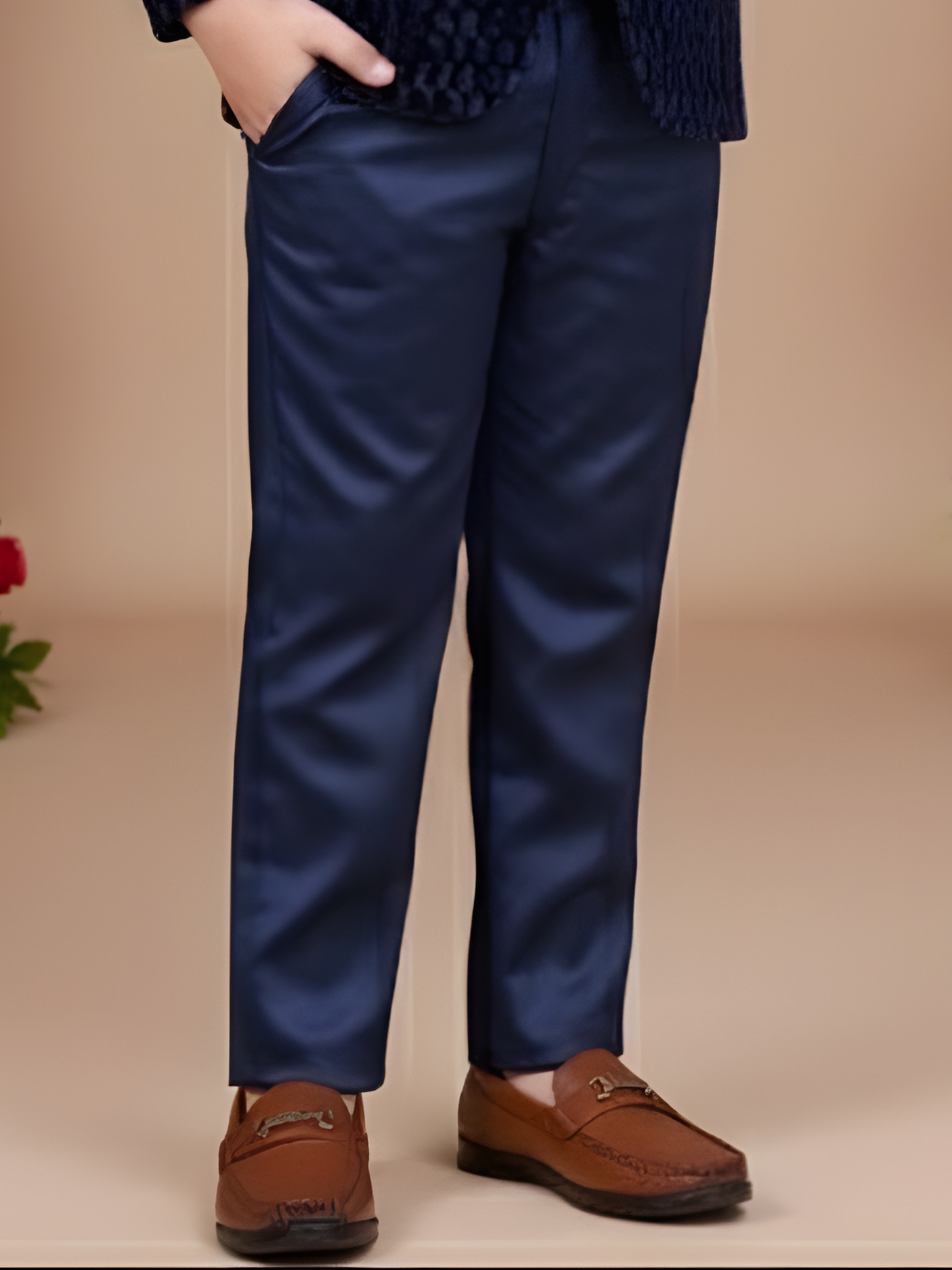 Boys' Navy Blue Textured Velvet Coat Suit with Vest and Bow Tie