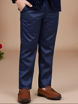 Boys' Navy Blue Textured Velvet Coat Suit with Vest and Bow Tie