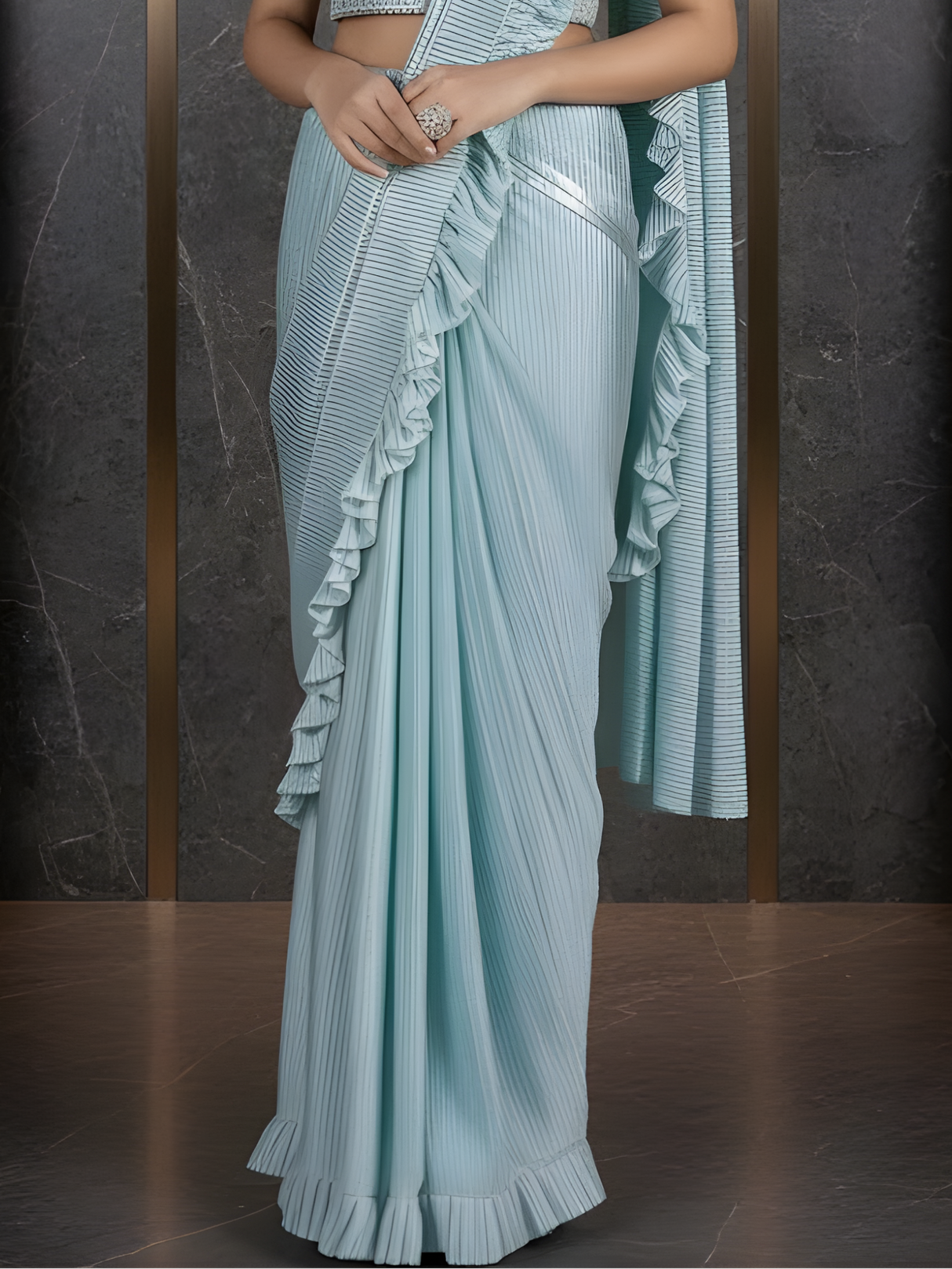 Sea Green Ruffled And Sequined Saree-Choli Pattern For Girls