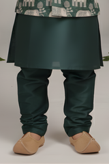 Boys' Bottle Green Kurta Pajama with Elephant Print Nehru Jacket