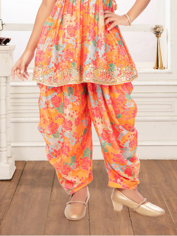Girls Traditional Cap Sleeves Patiala Set - Orange