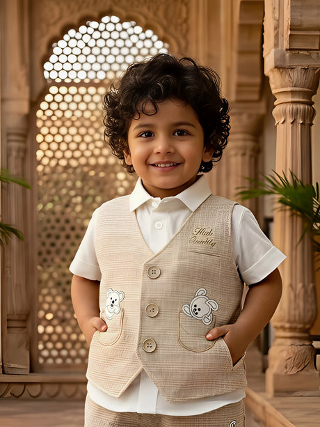 Boys Brown Textured Waistcoat & Shorts Set