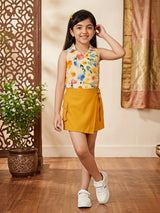 Floral Print Sleeveless Top and Mustard Yellow Wrap Skort Set.