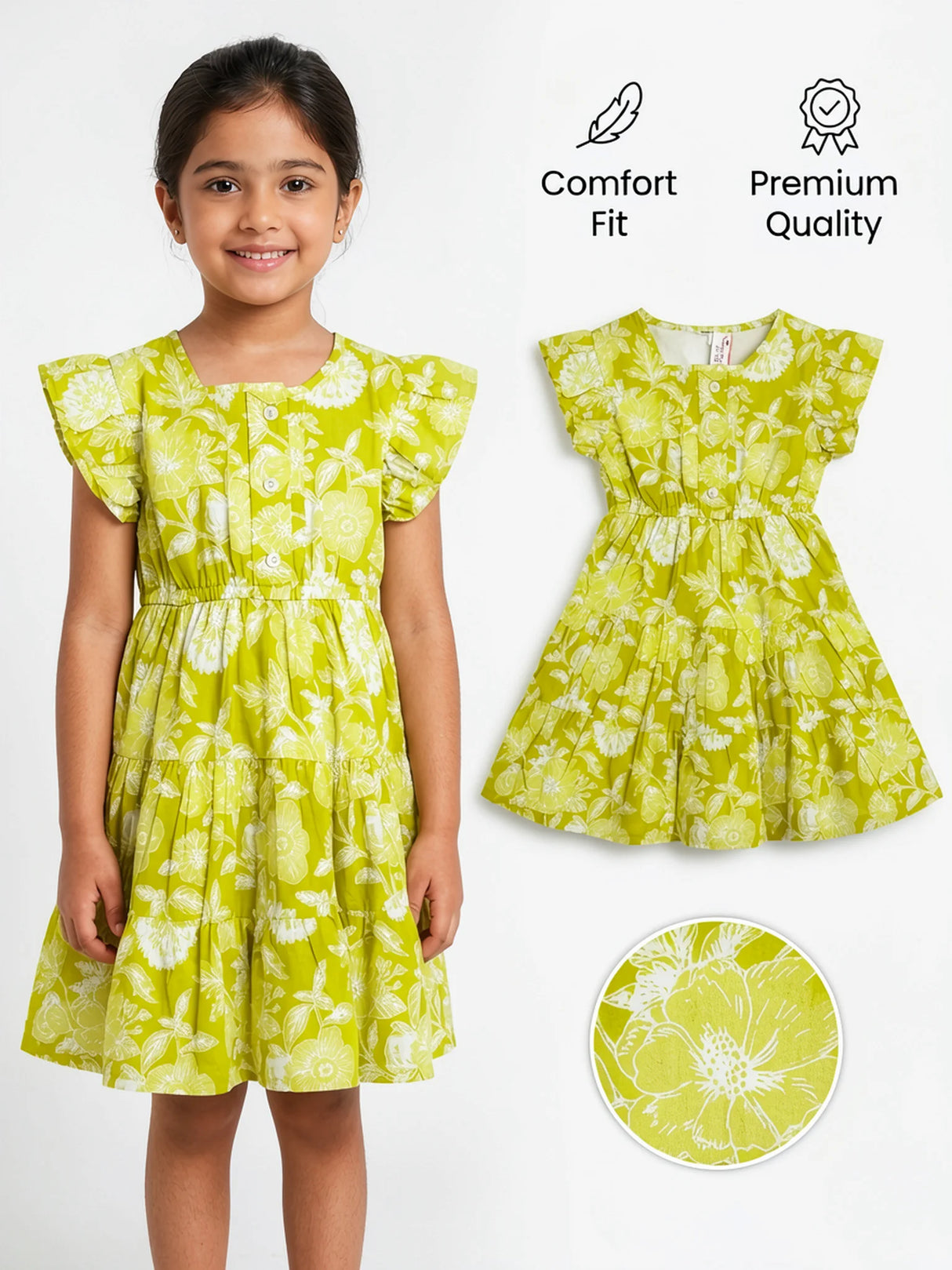 Girls Lime Green Floral Tiered Cotton Frock