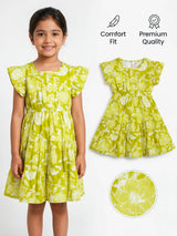 Girls Lime Green Floral Tiered Cotton Frock