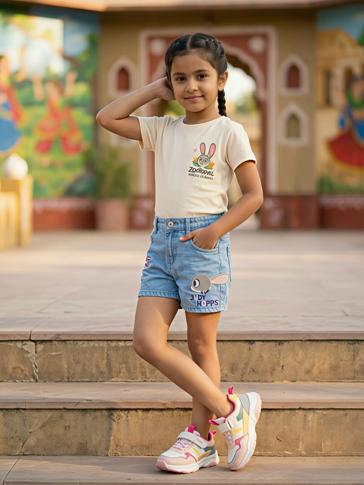 Girls' Light Blue Denim Shorts with Animated Embroidery