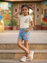 Girls' Light Blue Denim Shorts with Animated Embroidery