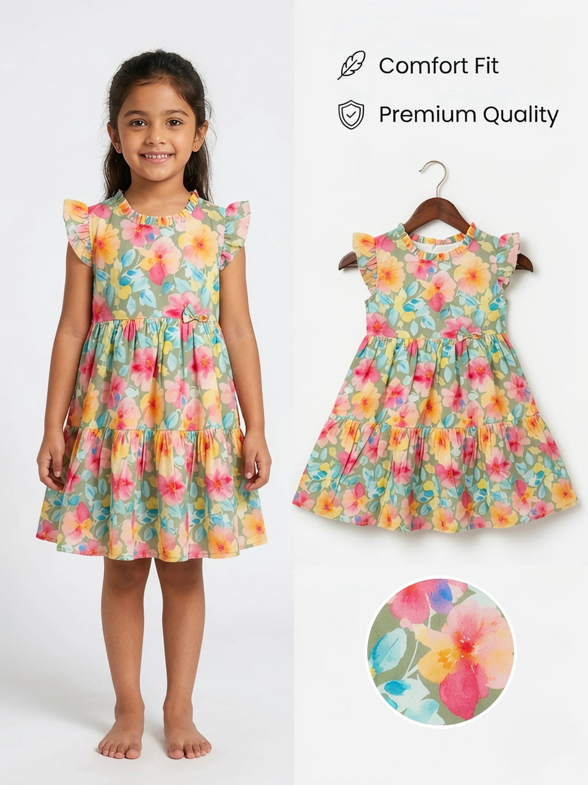 Girls Green Floral Print Ruffle Frock