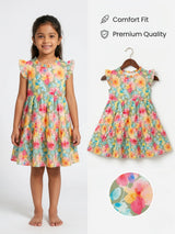 Girls Green Floral Print Ruffle Frock