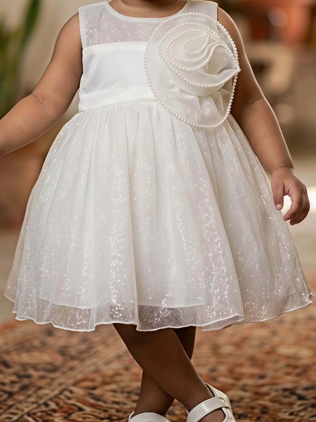 Elegant Cream Floral Appliqué Party Frock for Girls