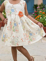 Floral Printed Cream Cotton Frock with Orange 3D Flower