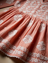 Girls Peach Chikankari Embroidered Frock Kurta with Dhoti Pants Set