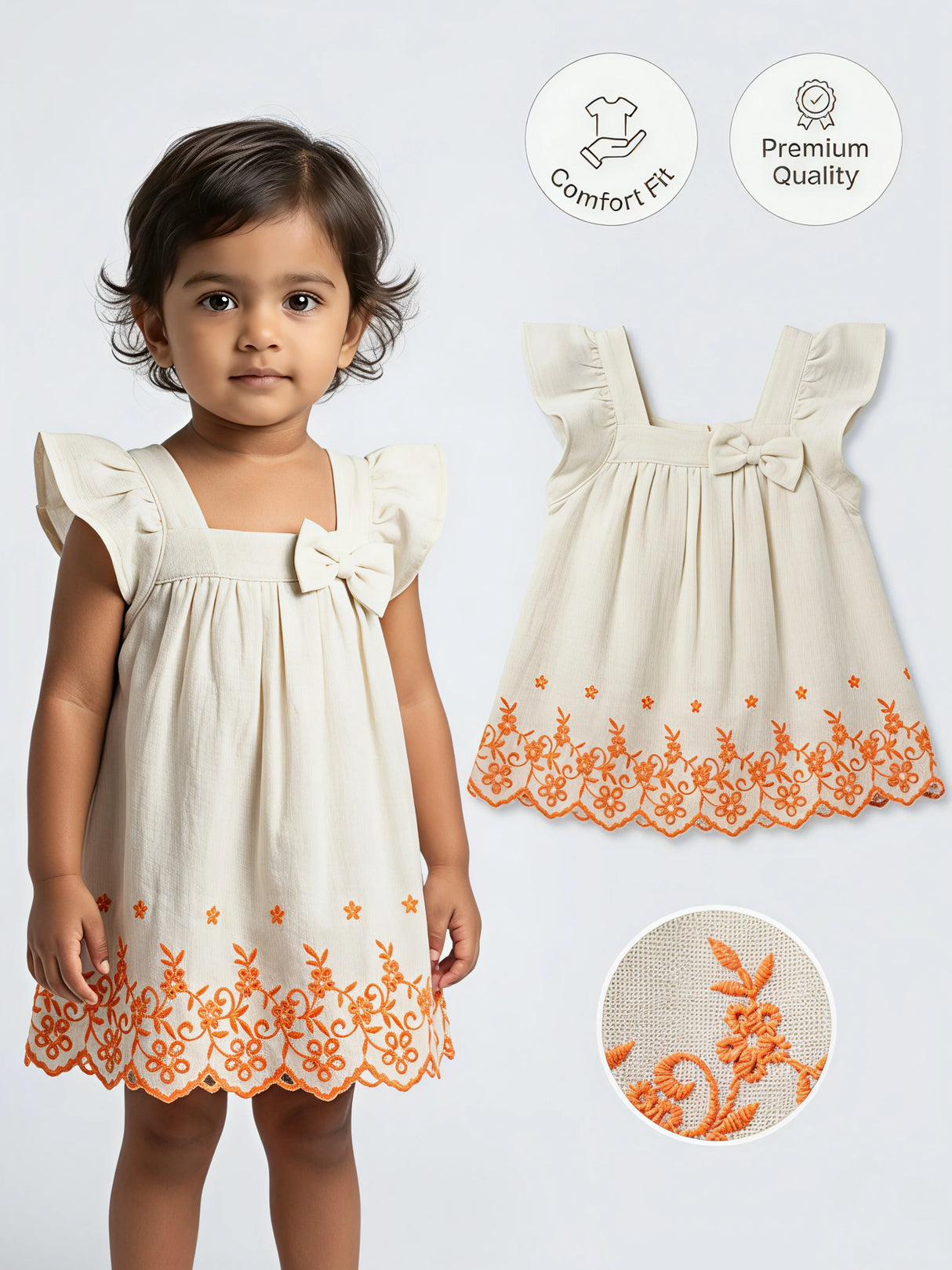 Cream Embroidered Girls Frock with Ruffle Sleeves
